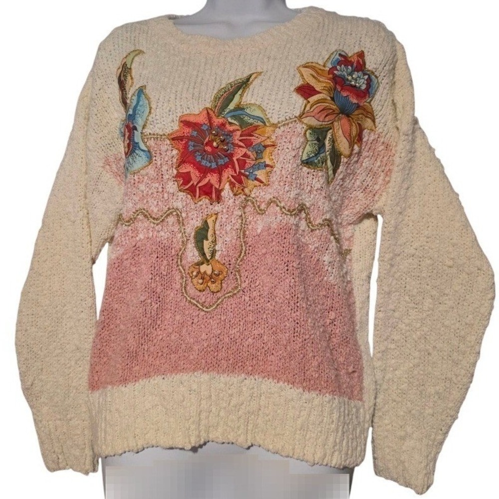 Vintage Floral Embroidered Knit Sweater Women Cream Pink Long Sleeve Small